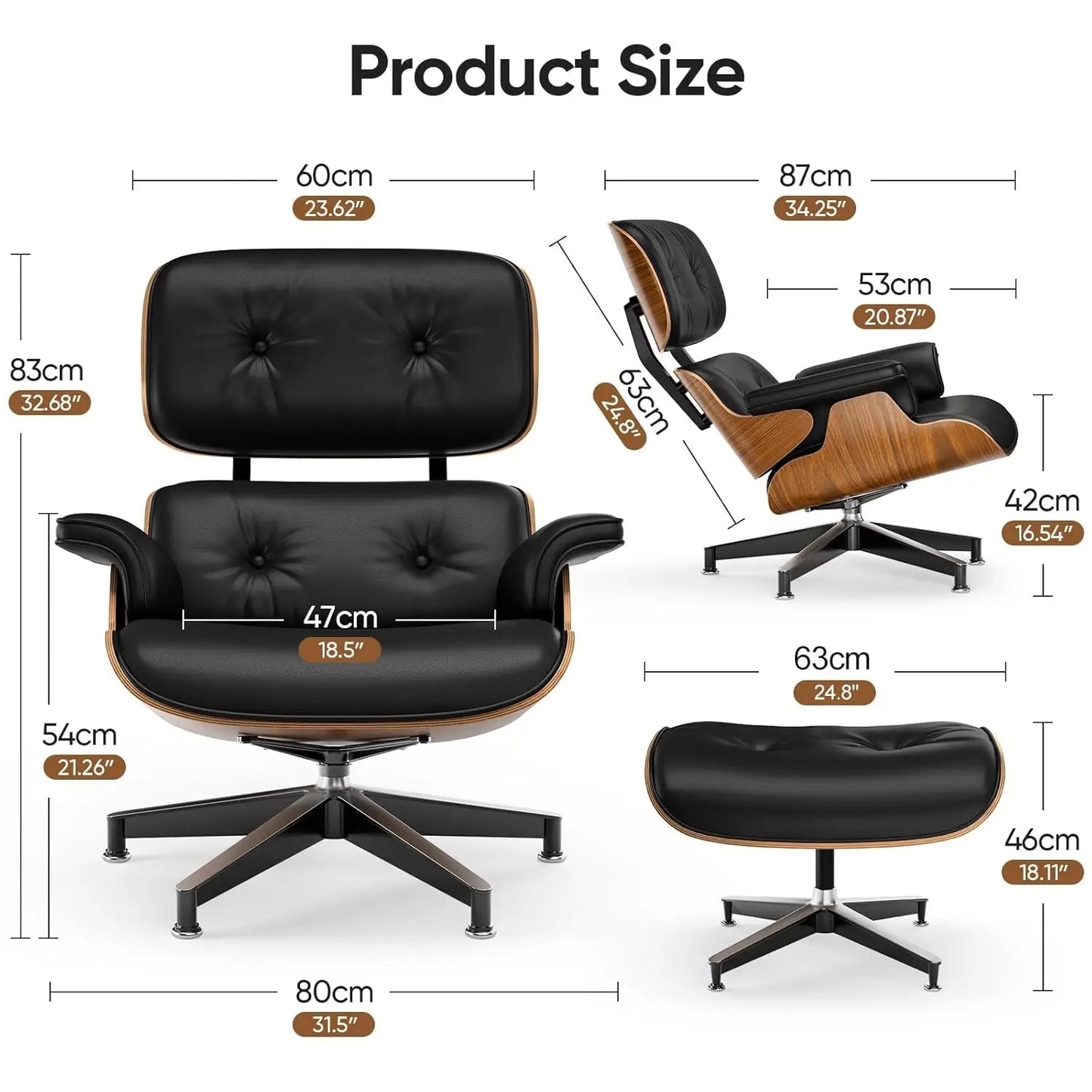 PU Leather Chaise Lounge Chair With Ottoman Walnut Wood