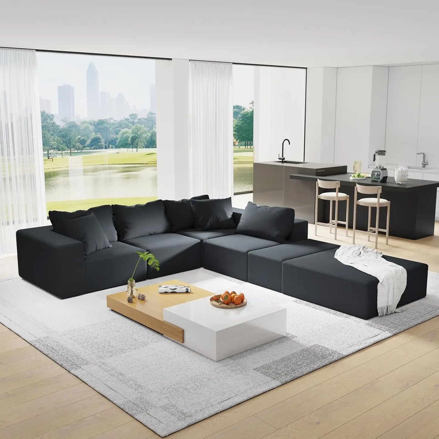 Modern Upholstered Sectional Sofa With Six Pillows Free Setup
