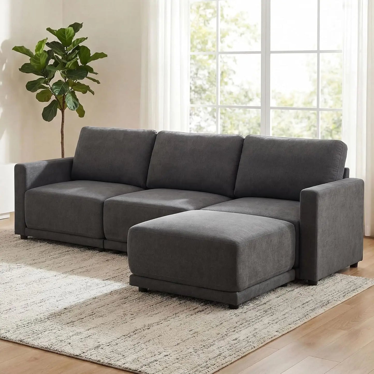 Modular L Shaped Chenille Sectional Sofa With Ottoman Living Room