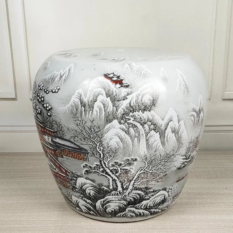 Chinese Style Fish Painting Porcelain Drum Garden Stool Decor Antique