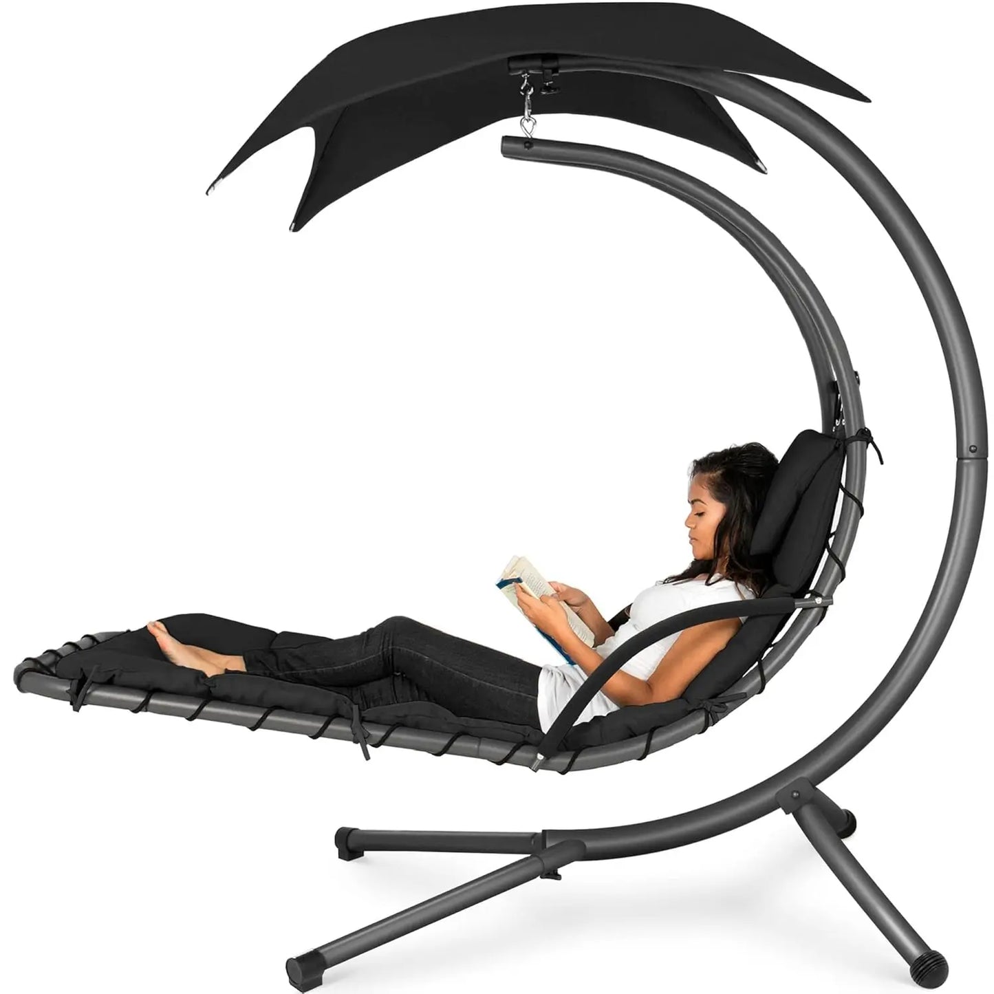 Outdoor Hanging Steel Chaise Lounge Chair With Swing Canopy Pillow