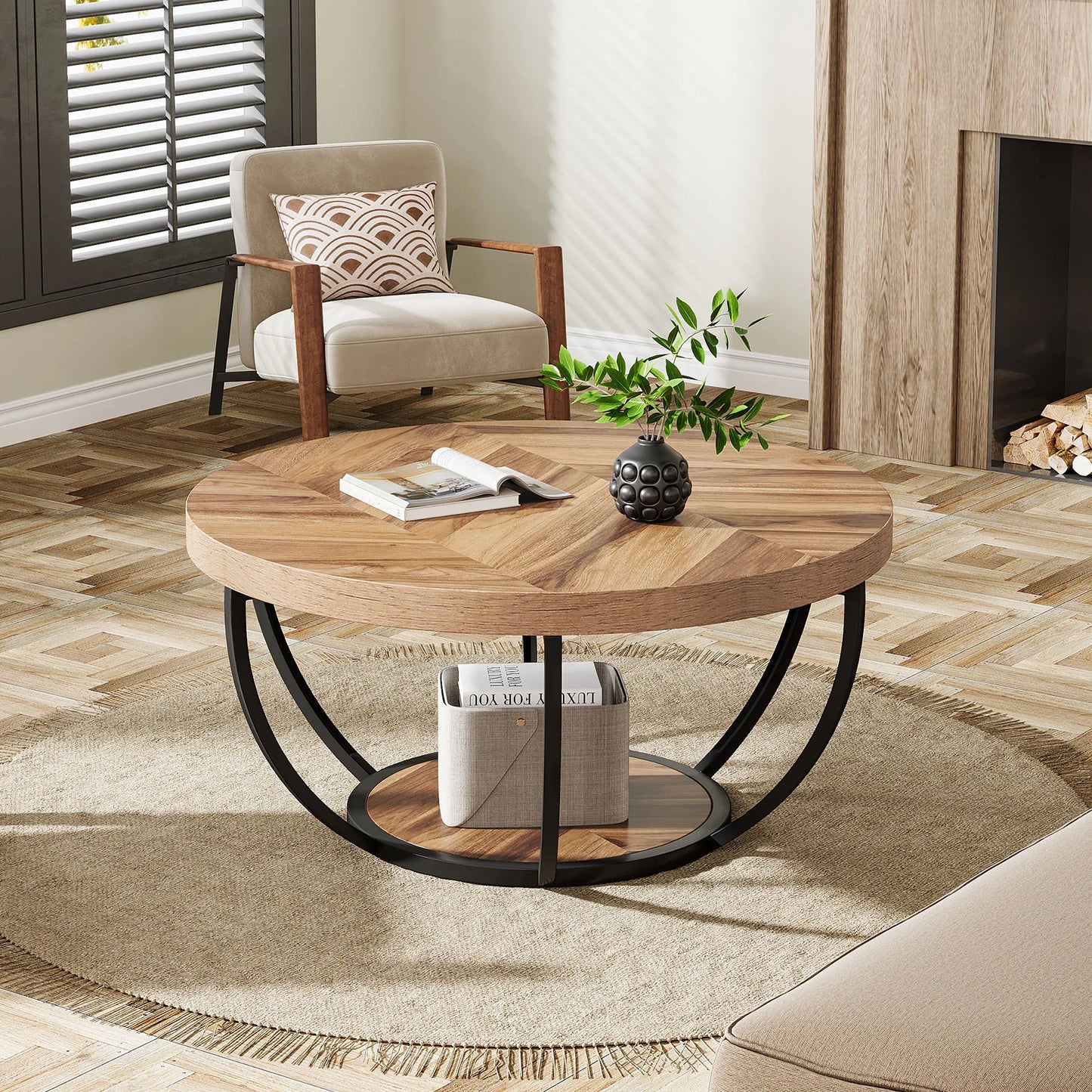 Tribesigns Round Coffee Table Industrial 2 Tier With Storage Shelves
