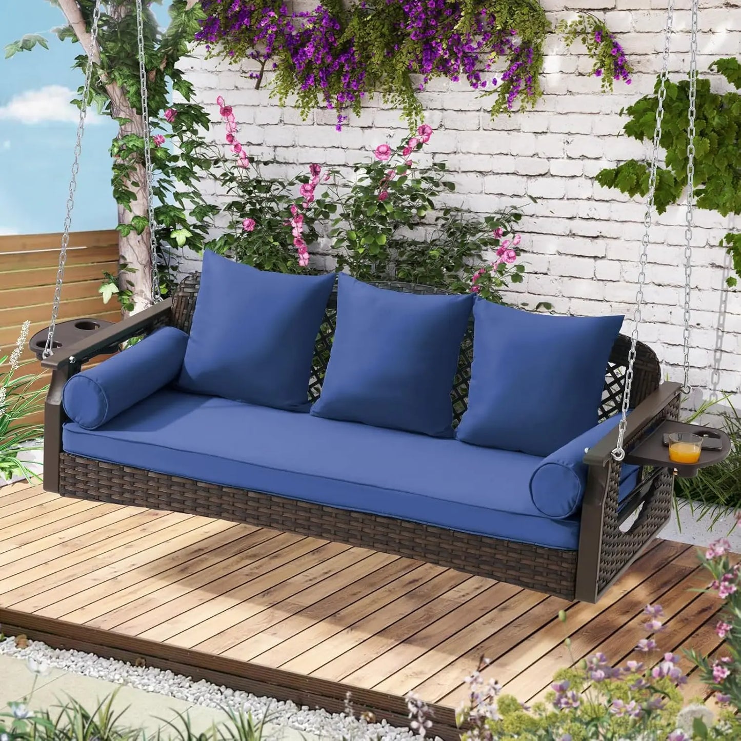 Rattan Porch Swing 3 Seat With Cup Holders And Cushions