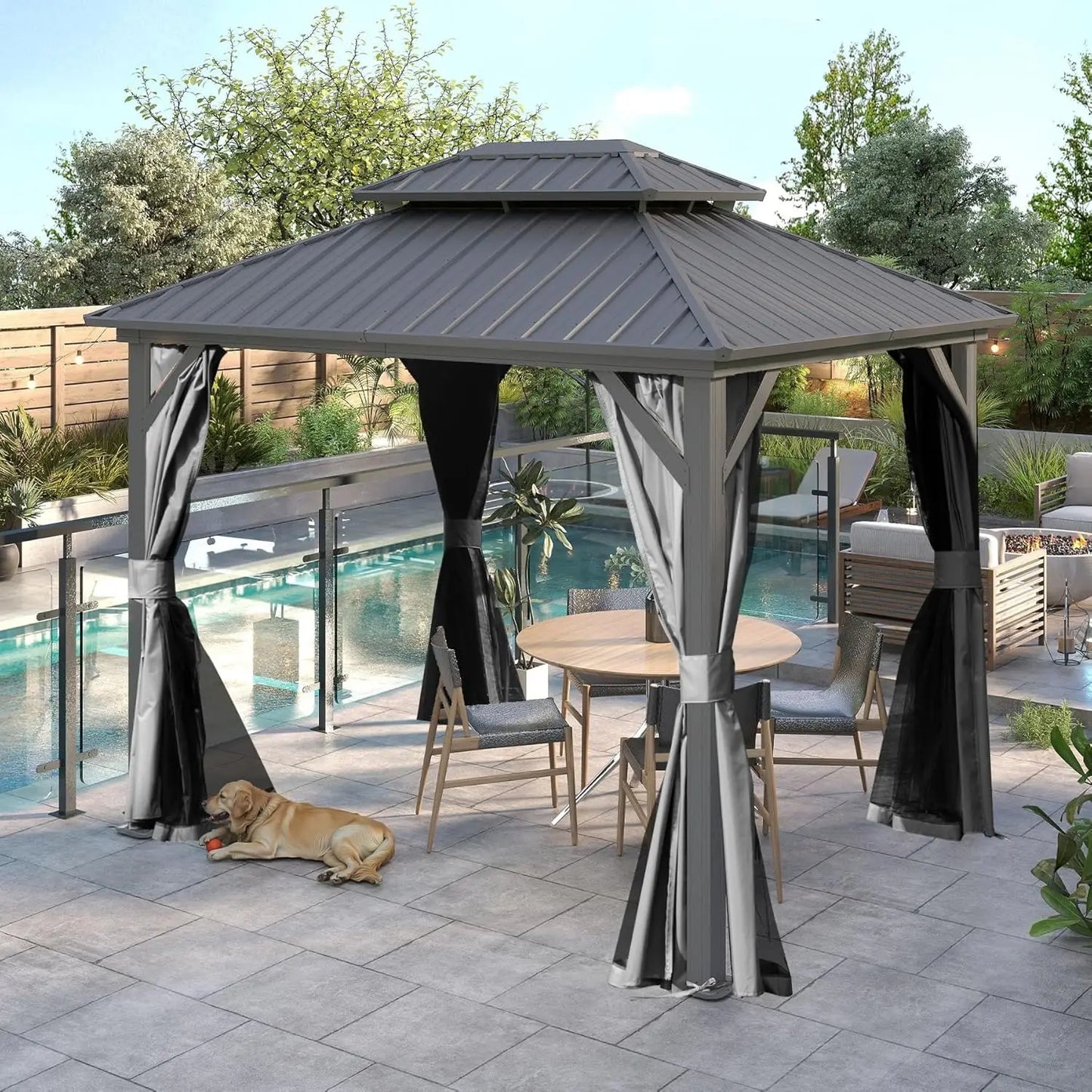 DUOFU Hardtop Metal Gazebo With Curtains And Netting