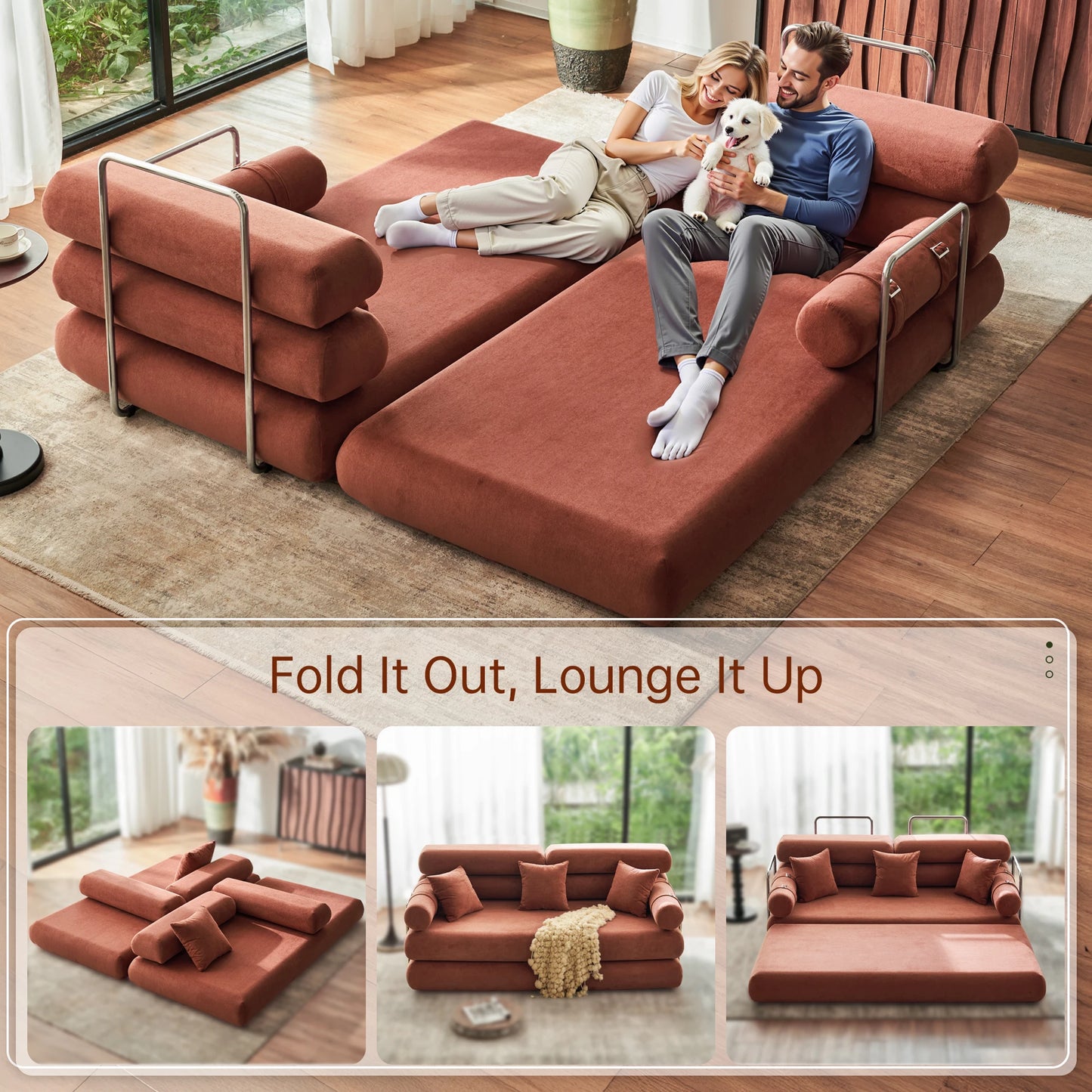 Convertible Sleeper Sofa Bed Floor Couch With Rounded Armrests