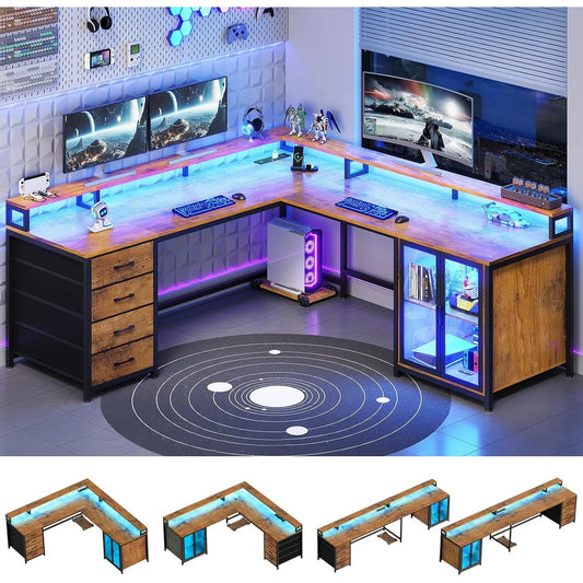 ZHENDAI L Shaped Gaming Desk With Drawers And Monitor Stands