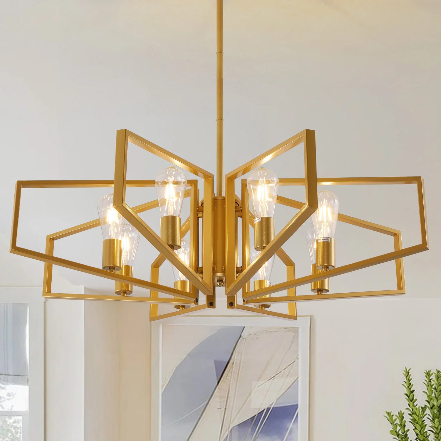 Modern 8 Light Geometric Metal Chandelier With Adjustable Height Pendant