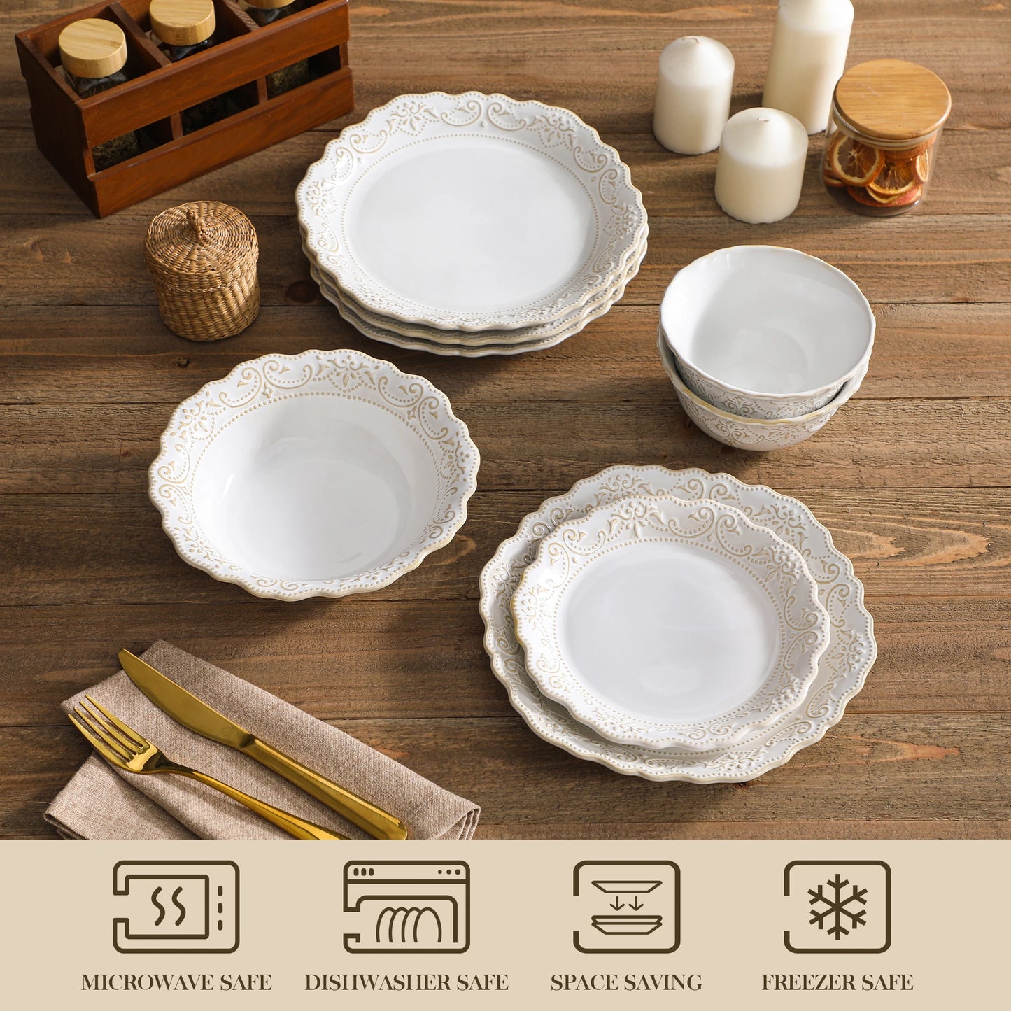 MALACASA Relief White Stoneware Dinnerware Set For Everyday Use