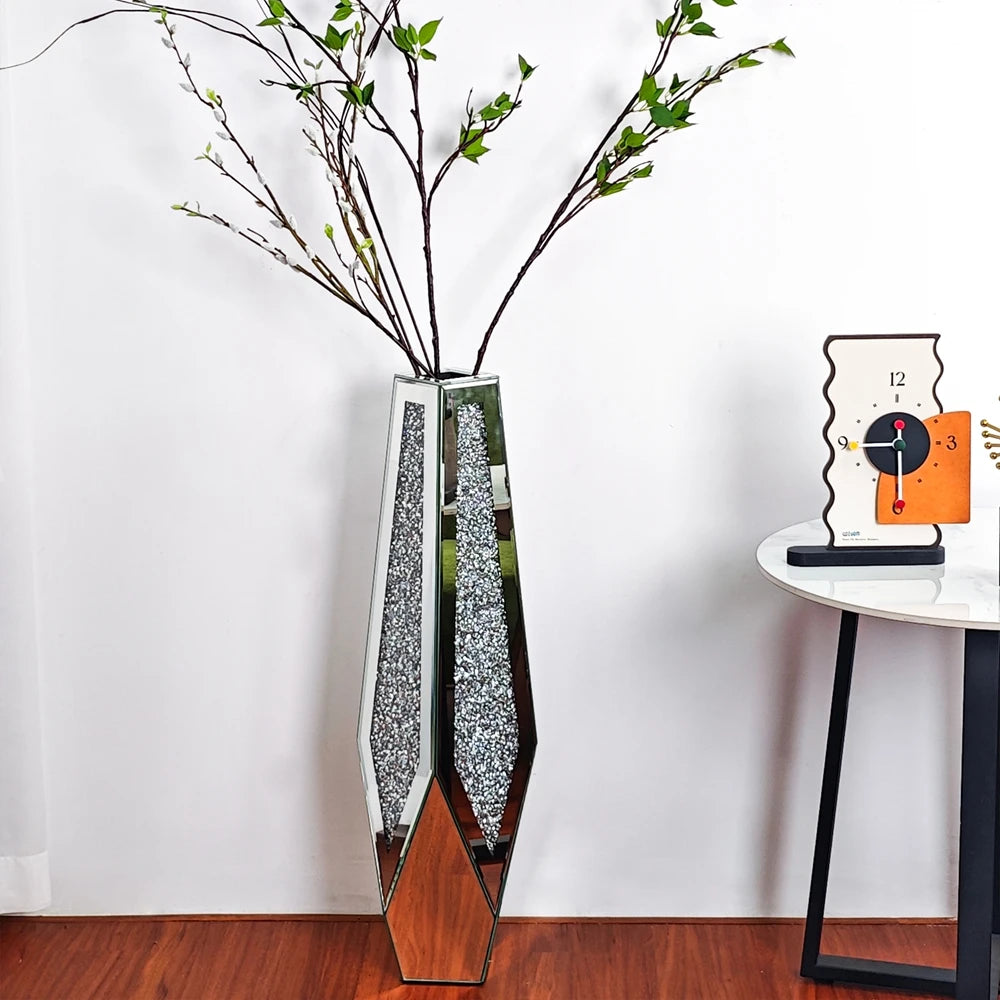 Crushed Diamond Mirrored Flower Vase Floor Standing Modern Decor