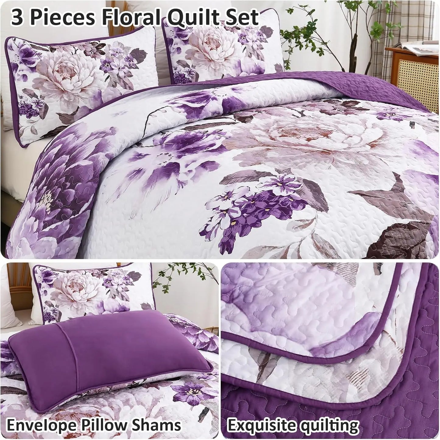 Quilt Set 3 Piece Pillow Shams Silk Filled Lightweight