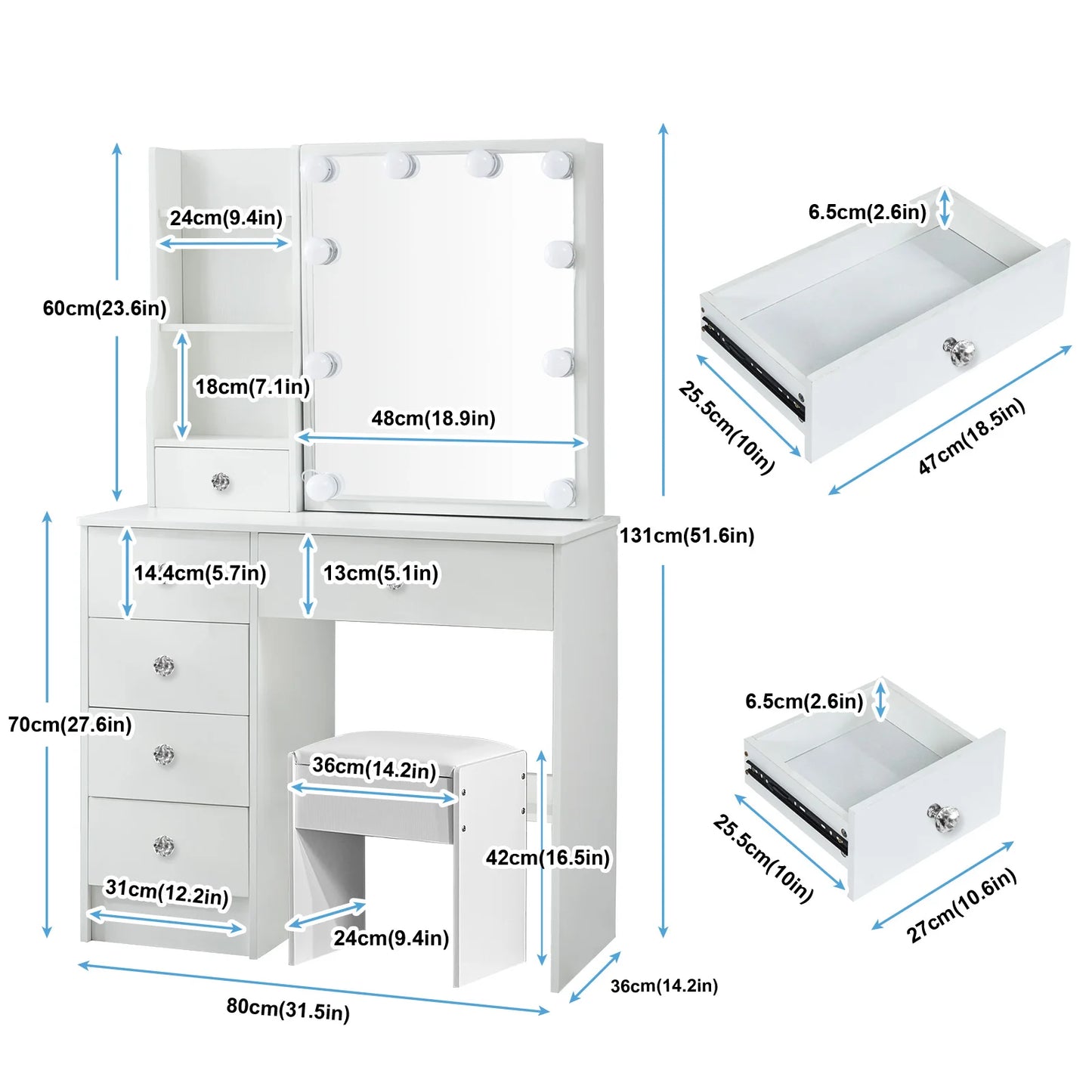 Teousev LED Makeup Vanity Set With Sliding Mirror And Storage