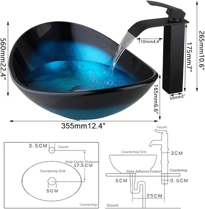 YANKSMART Monite Tempered Glass Bathroom Sink Set Oval Above Counter