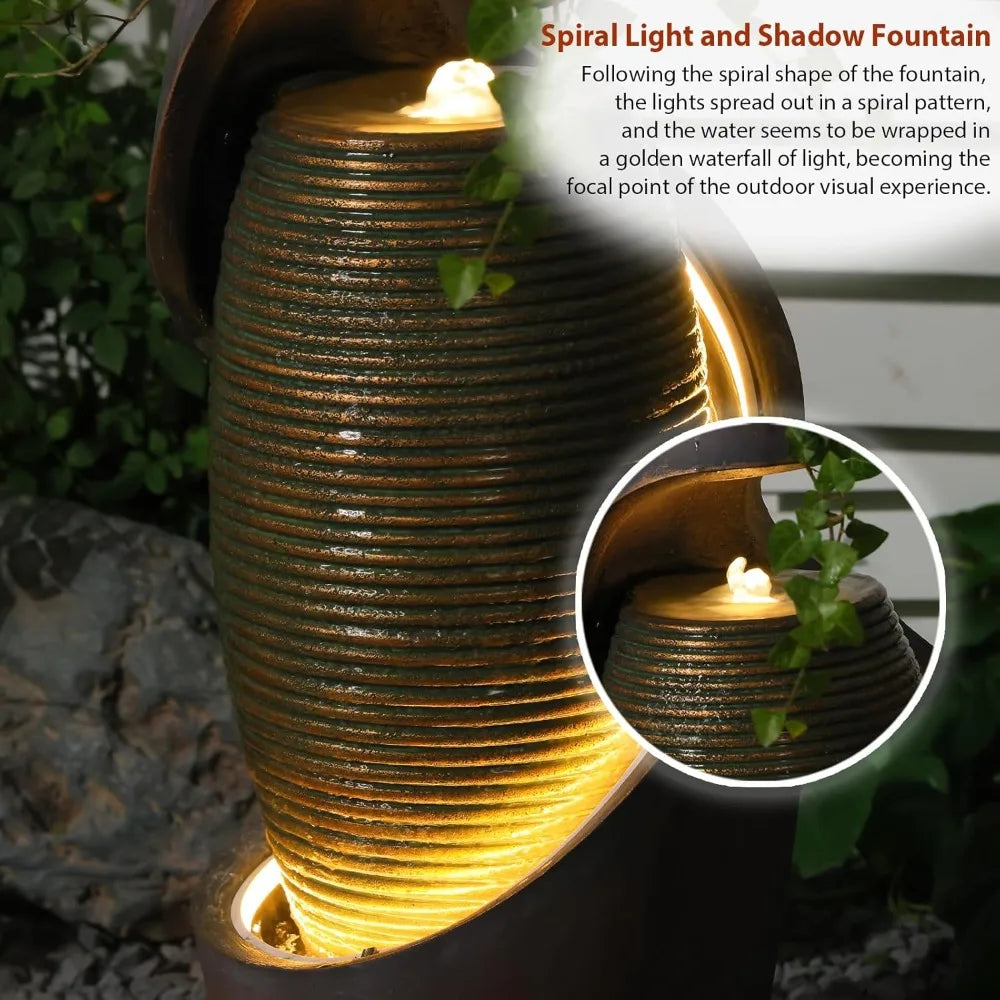 Curved Spiral Outdoor Fountain With LED Light Planter Bowl