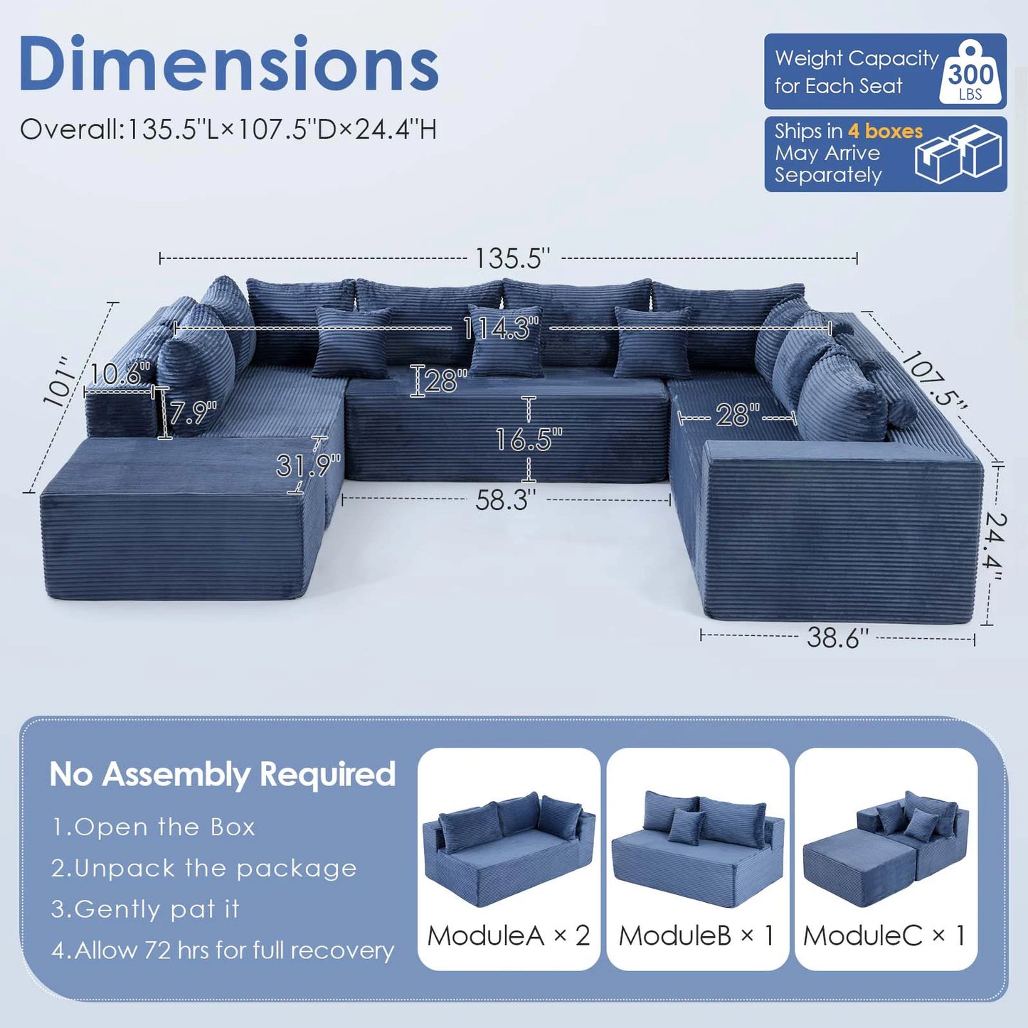 Redlife Modular Sectional Sofa With Ottoman Corduroy Upholstery