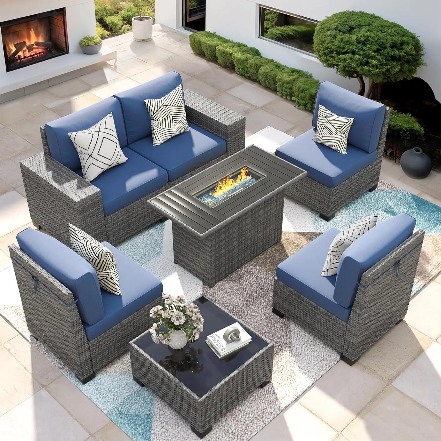 XIAOLANG 7 Piece Patio Furniture Set With Fire Pit Table Outdoor