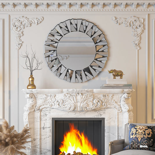 Sunburst Round Wall Mirror Beveled Glass Modern Silver Accent