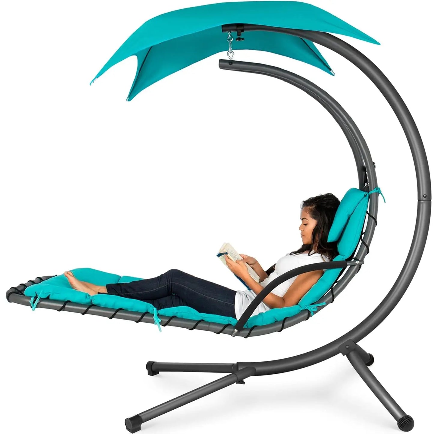 Outdoor Hanging Steel Chaise Lounge Chair With Swing Canopy Pillow