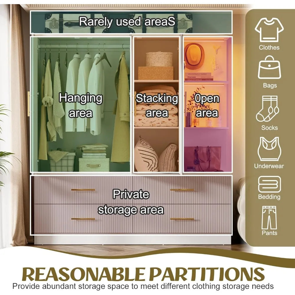 Armoire Wardrobe With Drawers Mirror LED Light Hanging Rod