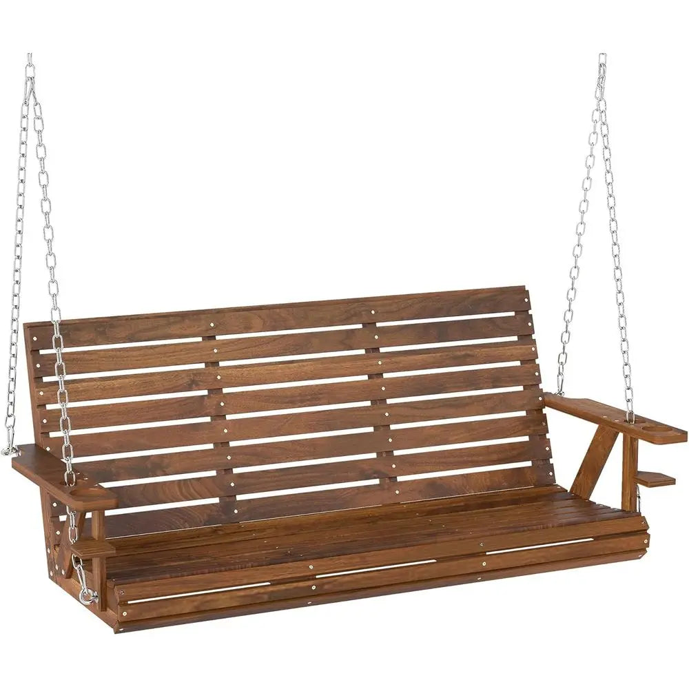 Outdoor Porch Swing With Cup Holders Patio Bench Carbonized Wood