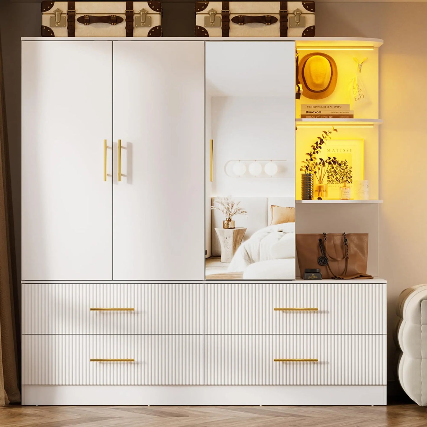 Armoire Wardrobe With Drawers Mirror LED Light Hanging Rod