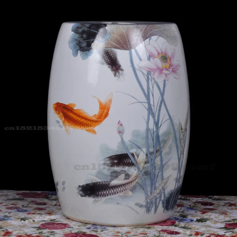 Chinese Style Fish Painting Porcelain Drum Garden Stool Decor Antique