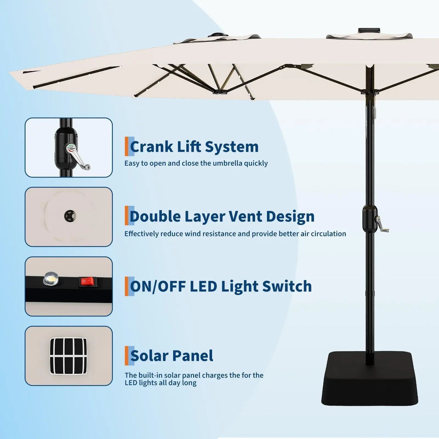 HiMISS Outdoor Patio Umbrella With Solar LED Lights And Base