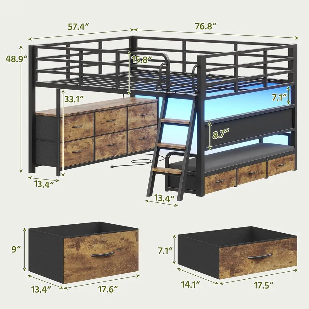 Low Loft Bed With Desk, LED Lights, Storage Drawers