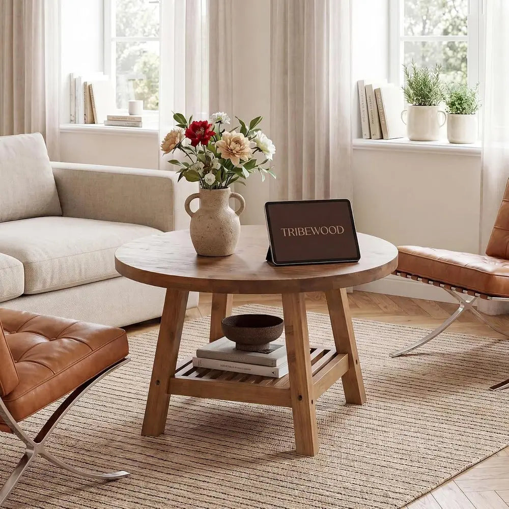 Solid Wood Round Coffee Table With Storage 2-Tier Living Room