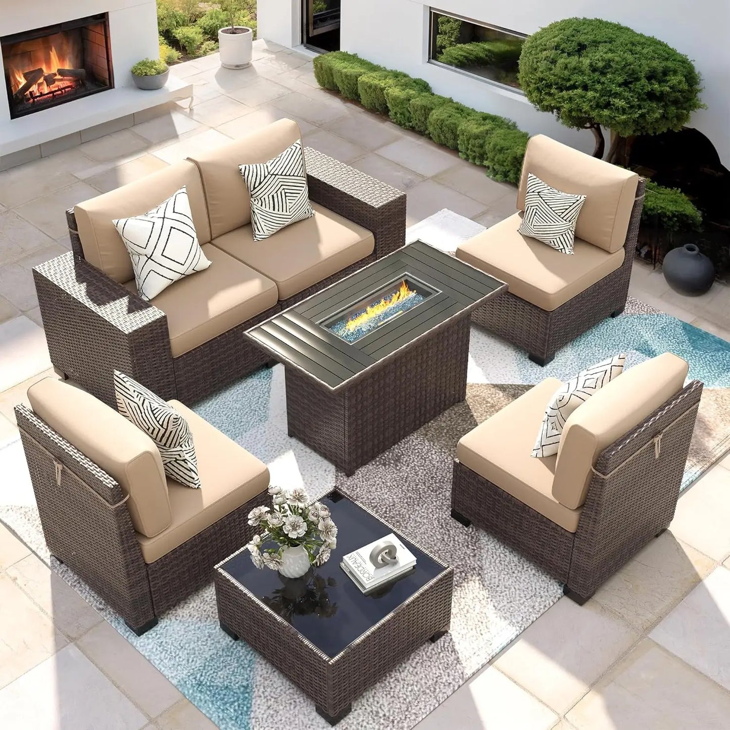 XIAOLANG 7 Piece Patio Furniture Set With Fire Pit Table Outdoor