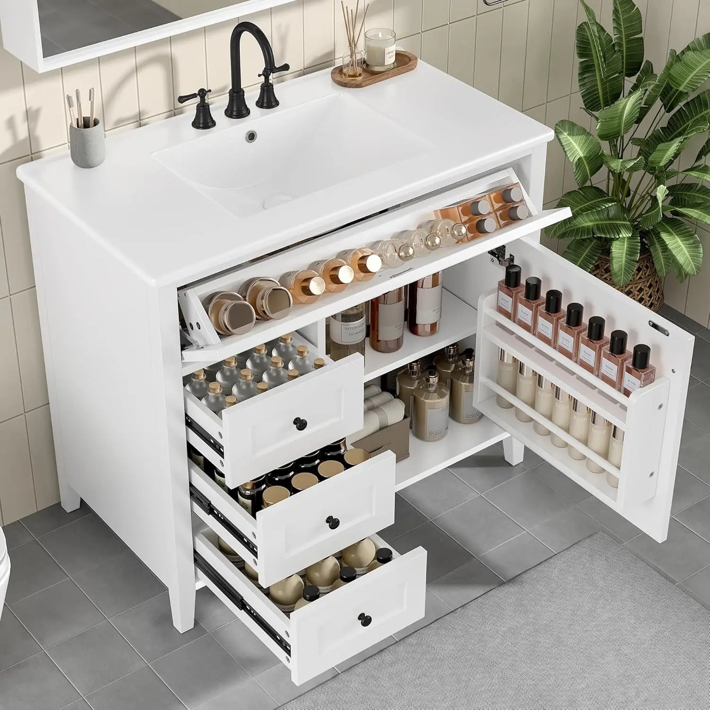 Wooden Bathroom Vanity With Ceramic Basin And Ample Storage Cabinets