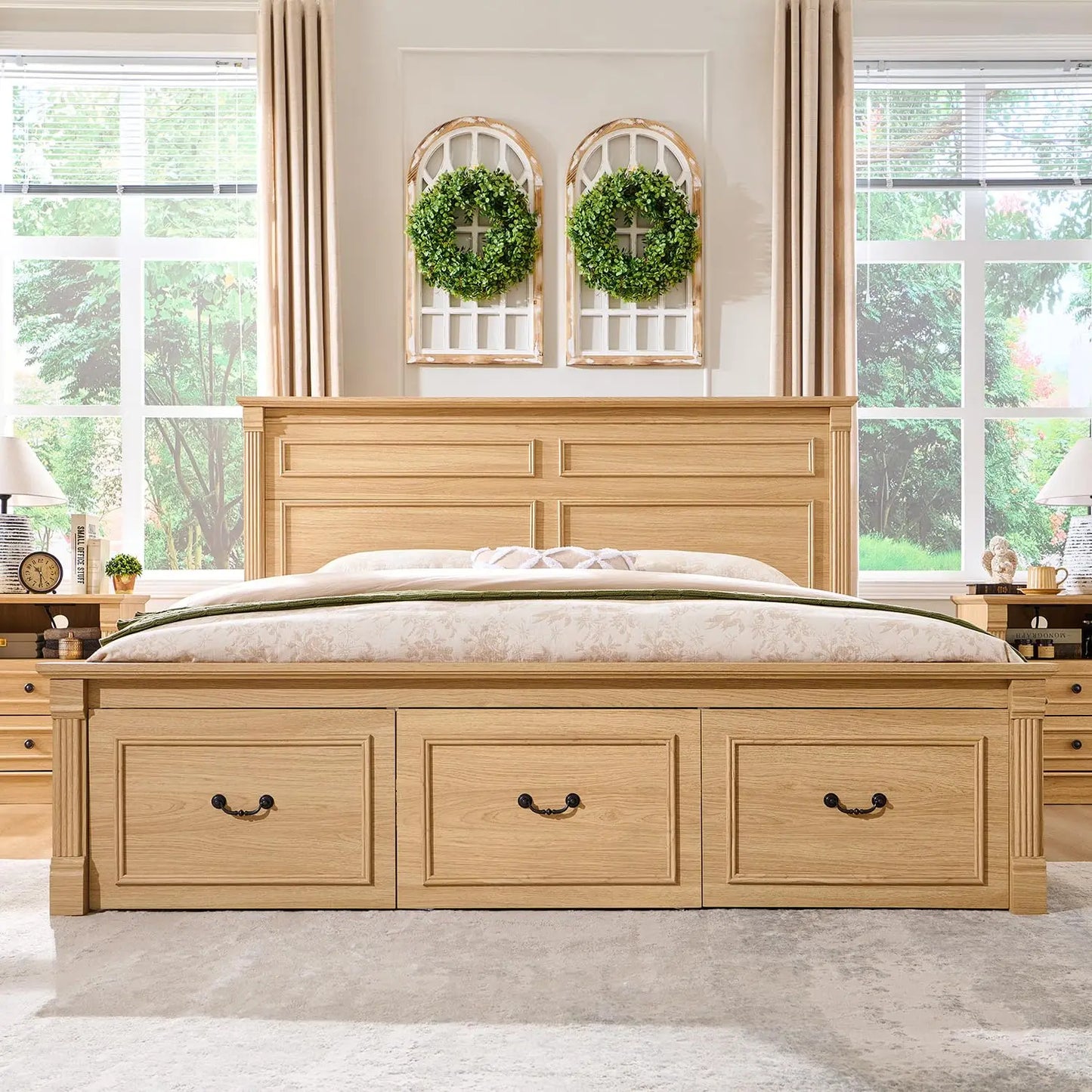 Farmhouse Bed Frame With Storage Drawers Wood Platform