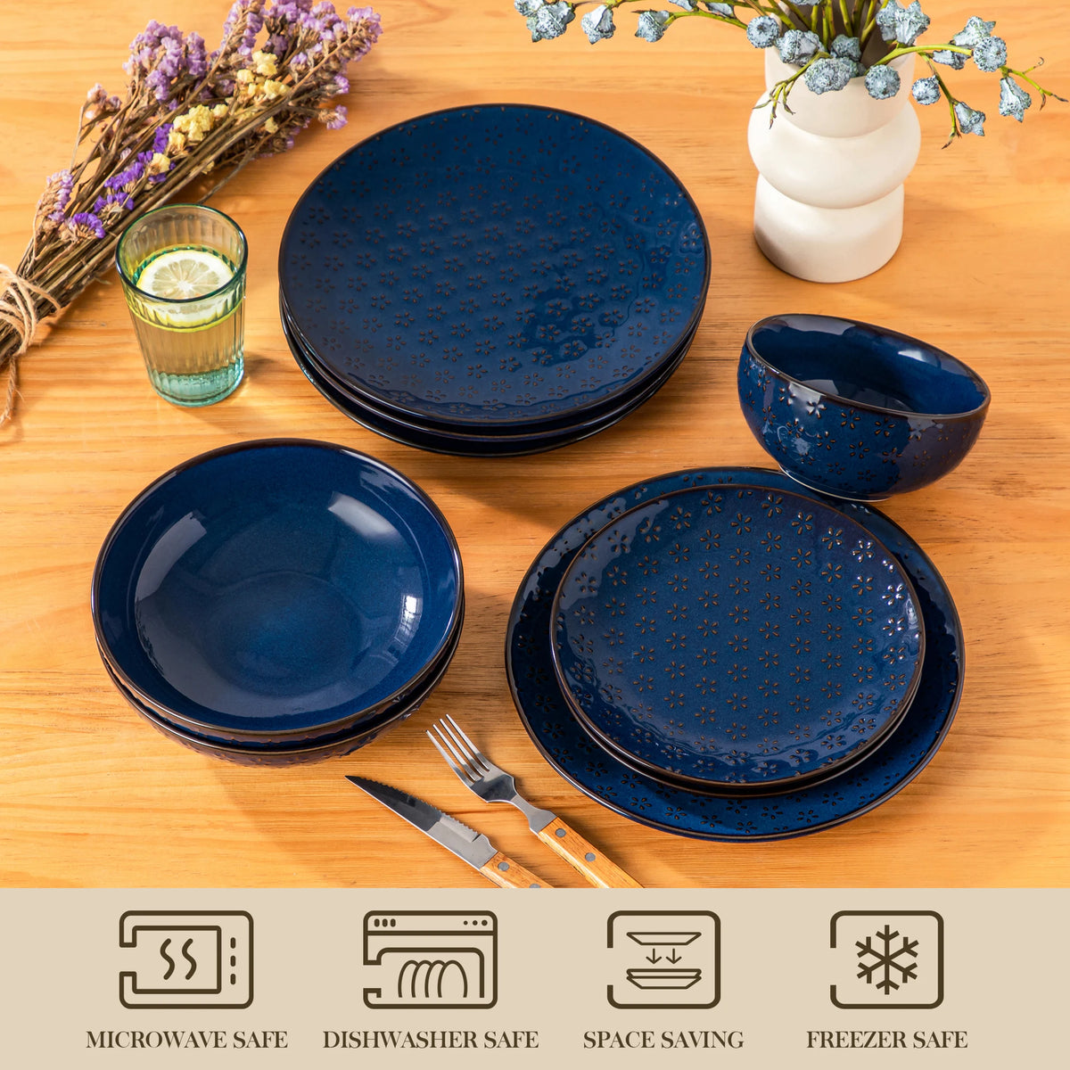 Malacasa Lydia 32 Piece Stoneware Dinnerware Set With Floral Embossed Design