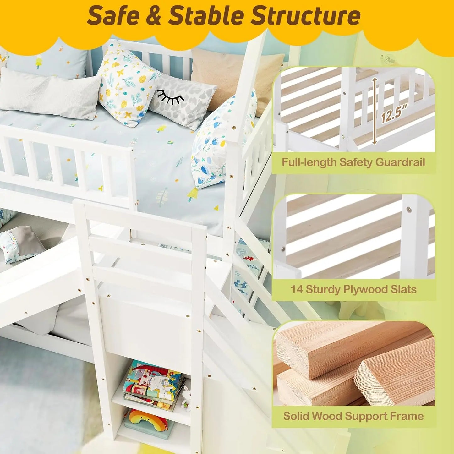 Wood Twin Over Twin Bunk Bed With Slide And Staircase