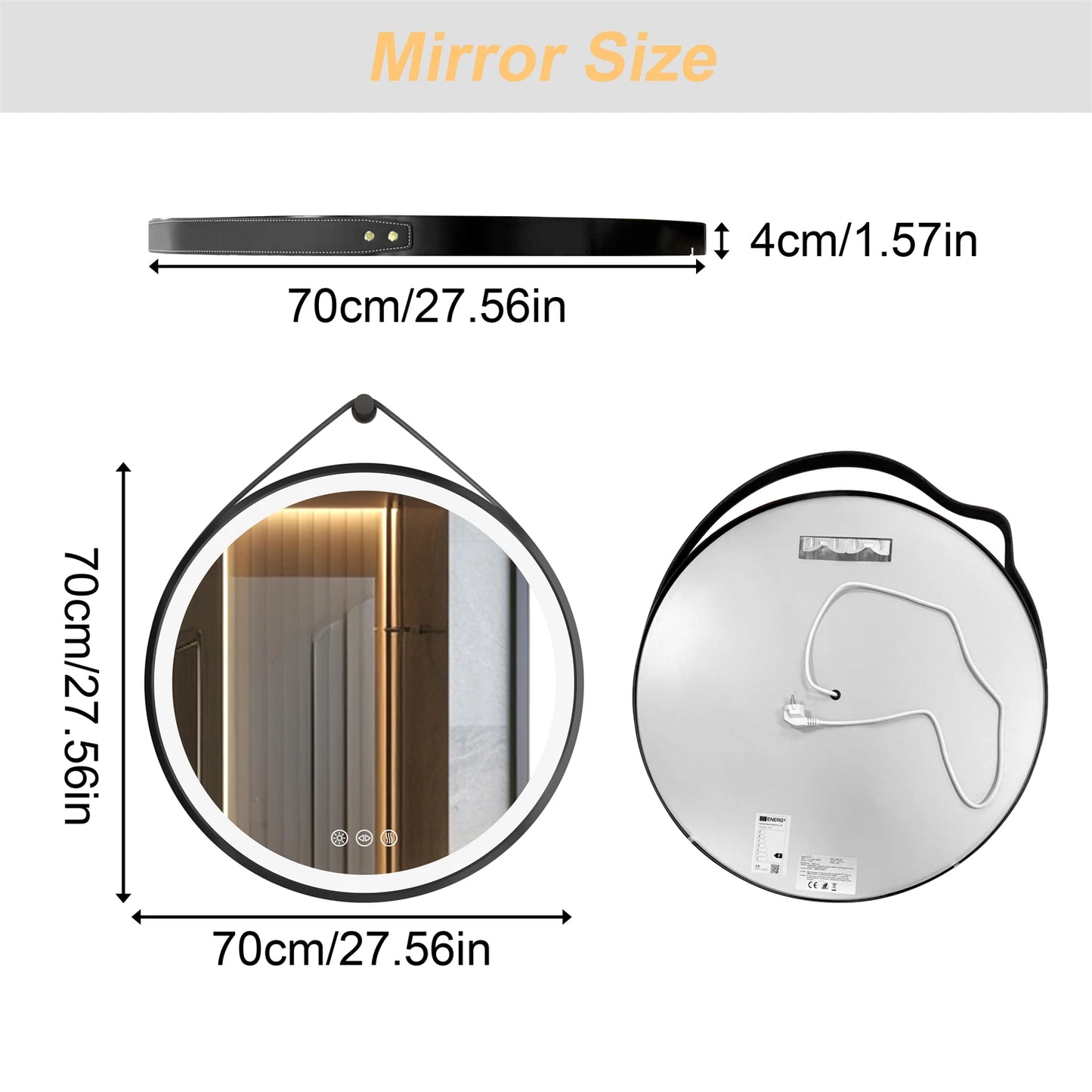 Round LED Bathroom Mirror Wall Hanging Frontlit Vanity Makeup Mirror Anti Fog
