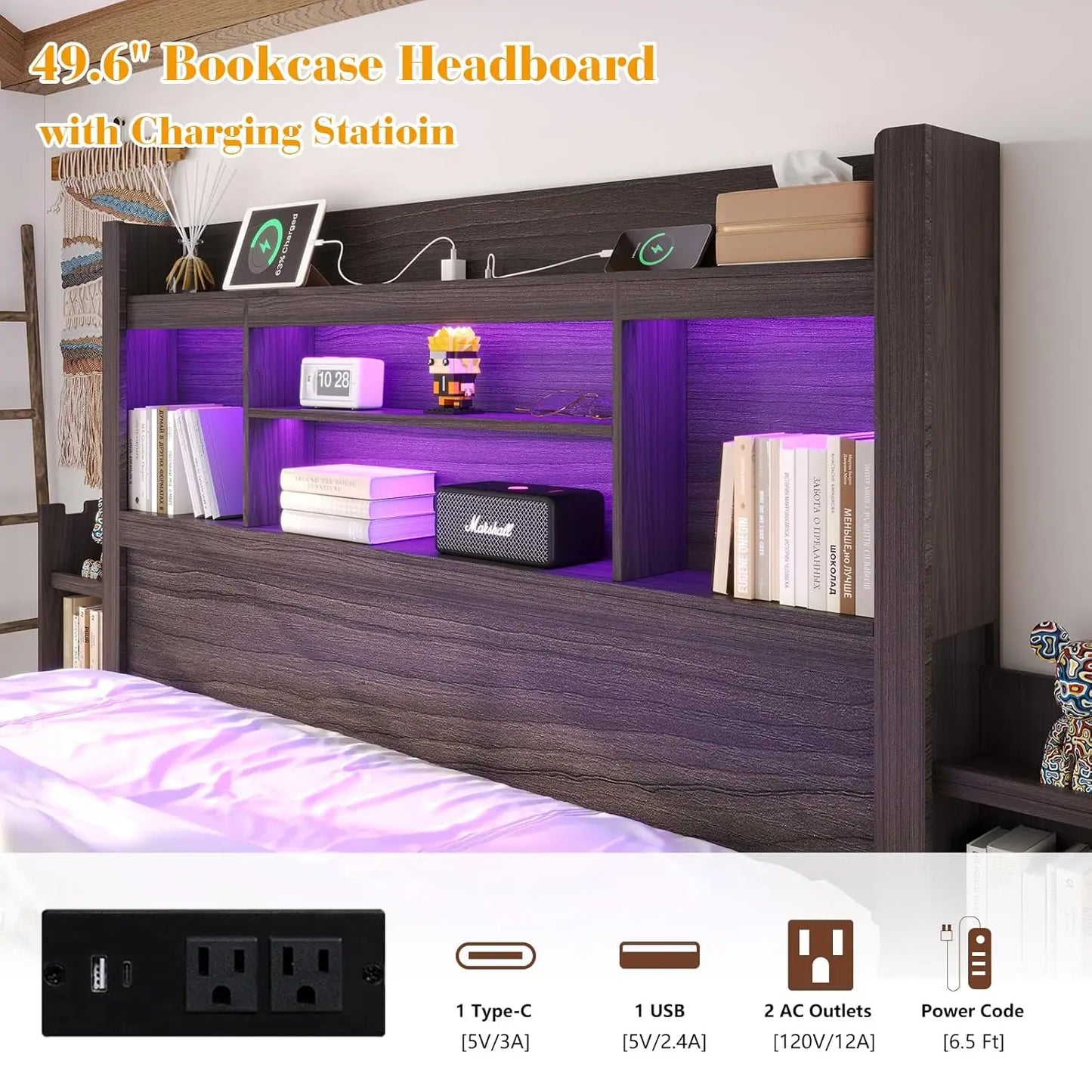 Bed Frame With Bookcase Headboard And Farmhouse Wood Storage Drawers