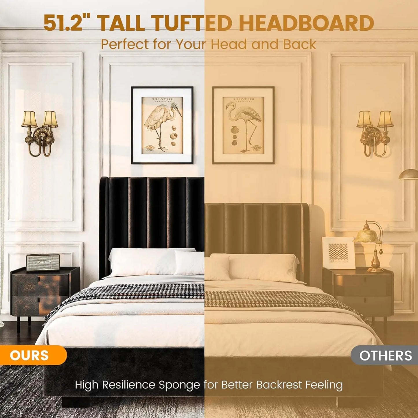 Upholstered Lift Up Bed Frame With Velvet Wingback Tufted Headboard