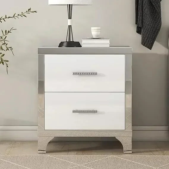 Elegant White High Gloss Mirrored Nightstand With 2 Drawers And Metal Handles