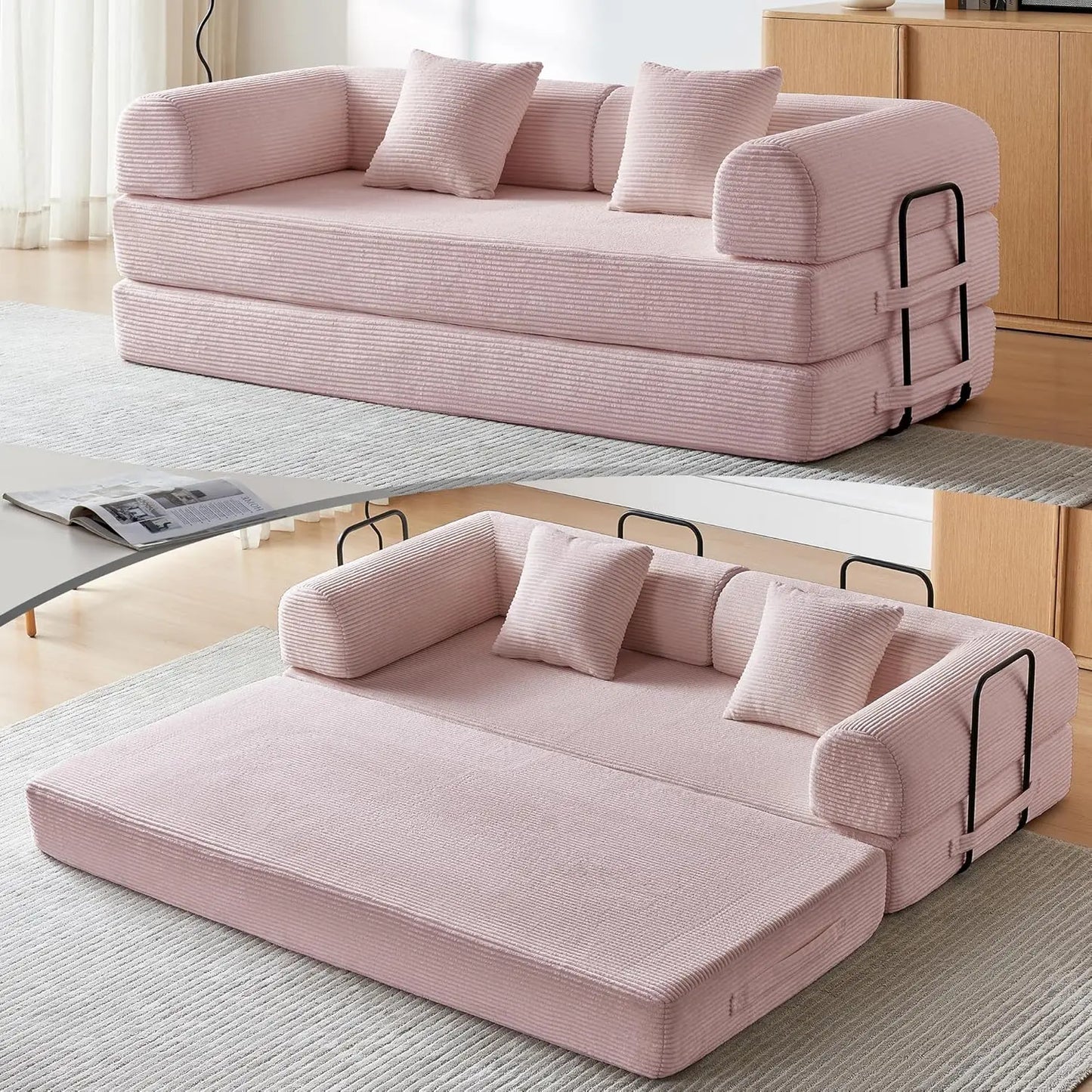 OIMG Corduroy Sleeper Sofa Bed With Fixed Frame And Mattress