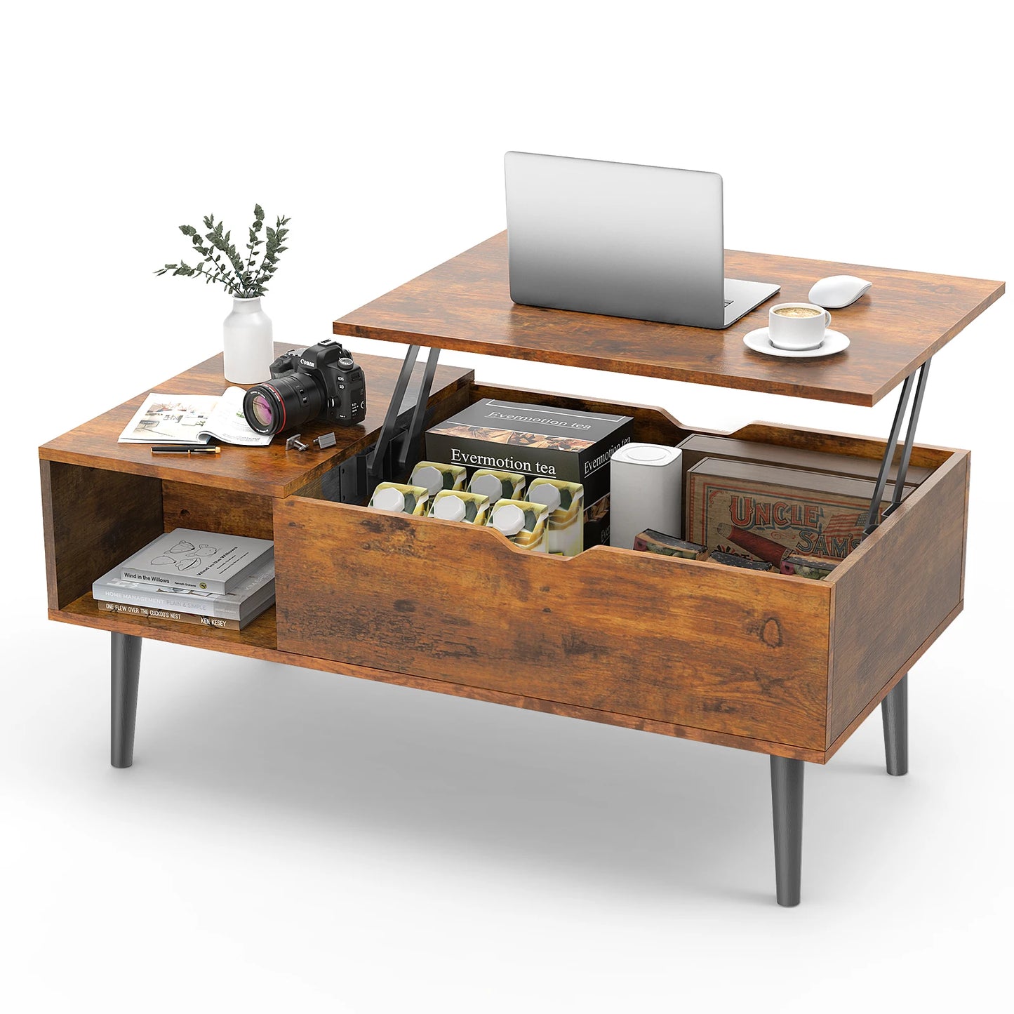 JHK Lift Top Coffee Table With Storage And Wood Desk