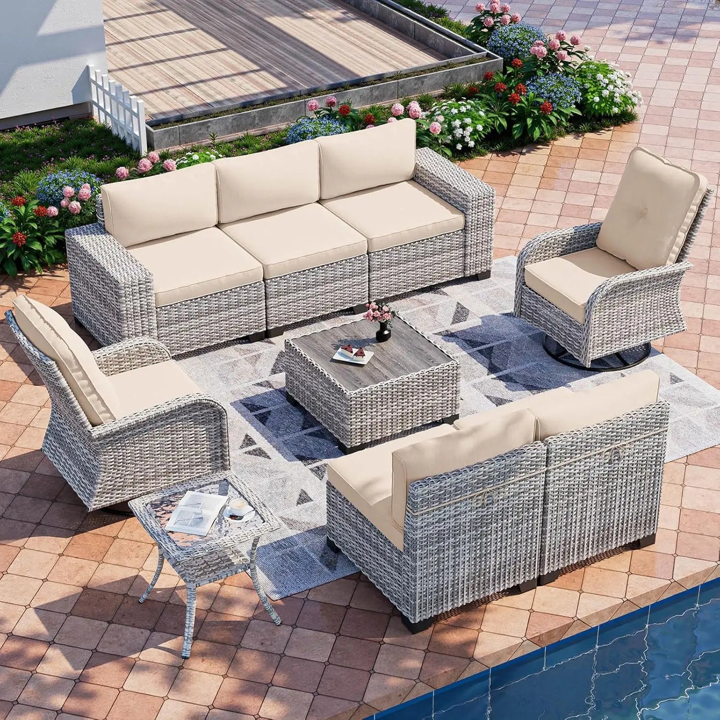 Outdoor 9 Piece Rattan Patio Furniture Set With Rocking Swivel Chairs