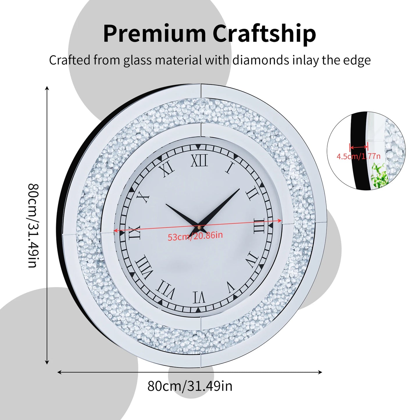 Crystal Embellished Round Mirror Clock For Wall Decor