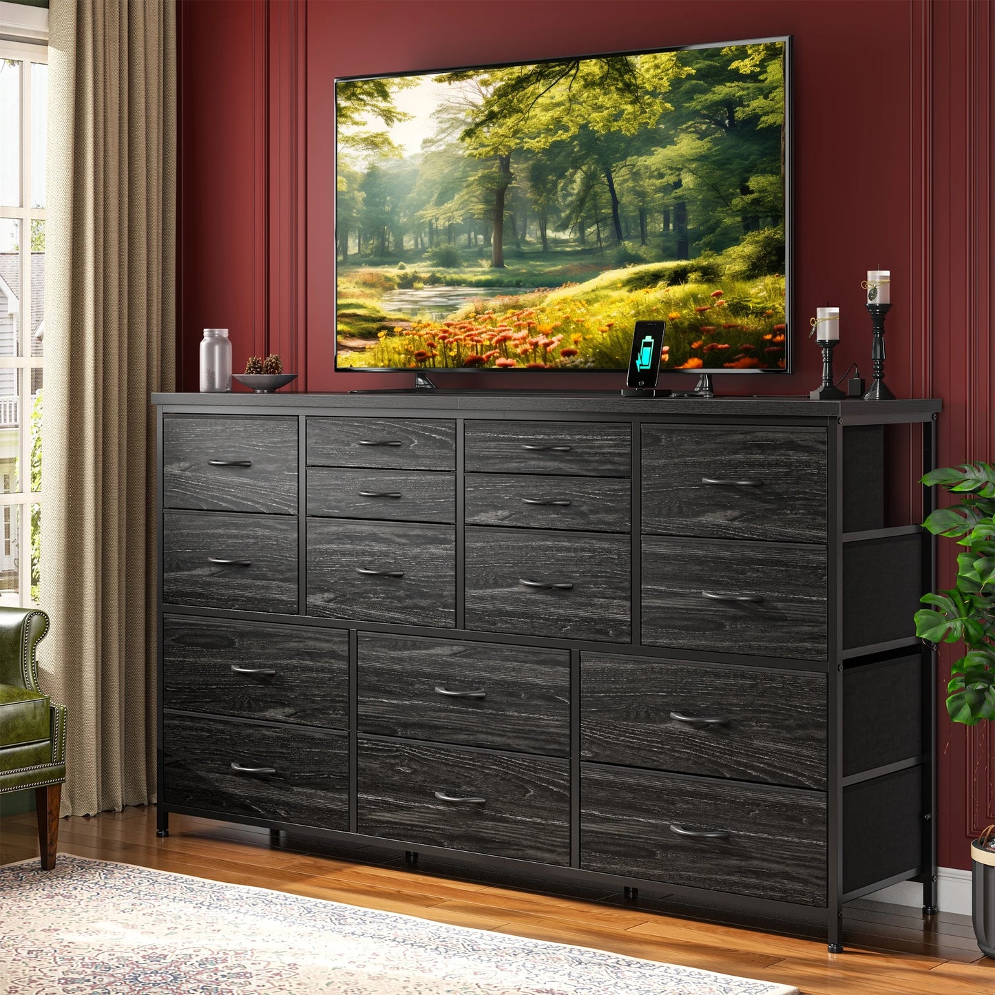 Fabric Dresser With Charging Station And TV Stand Organizer