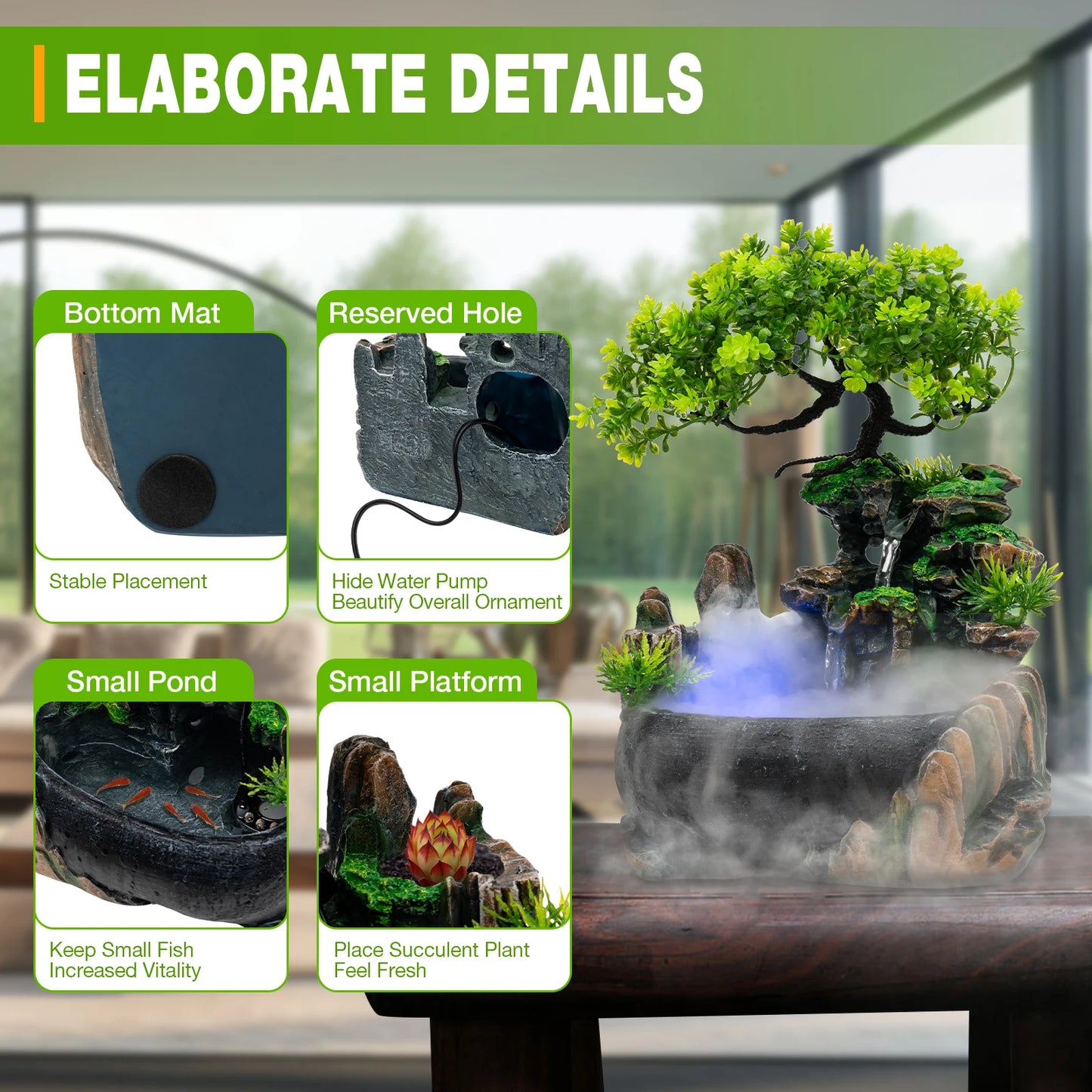 Indoor Tabletop Waterfall Fountain With Led Lights Atomizer And Pump