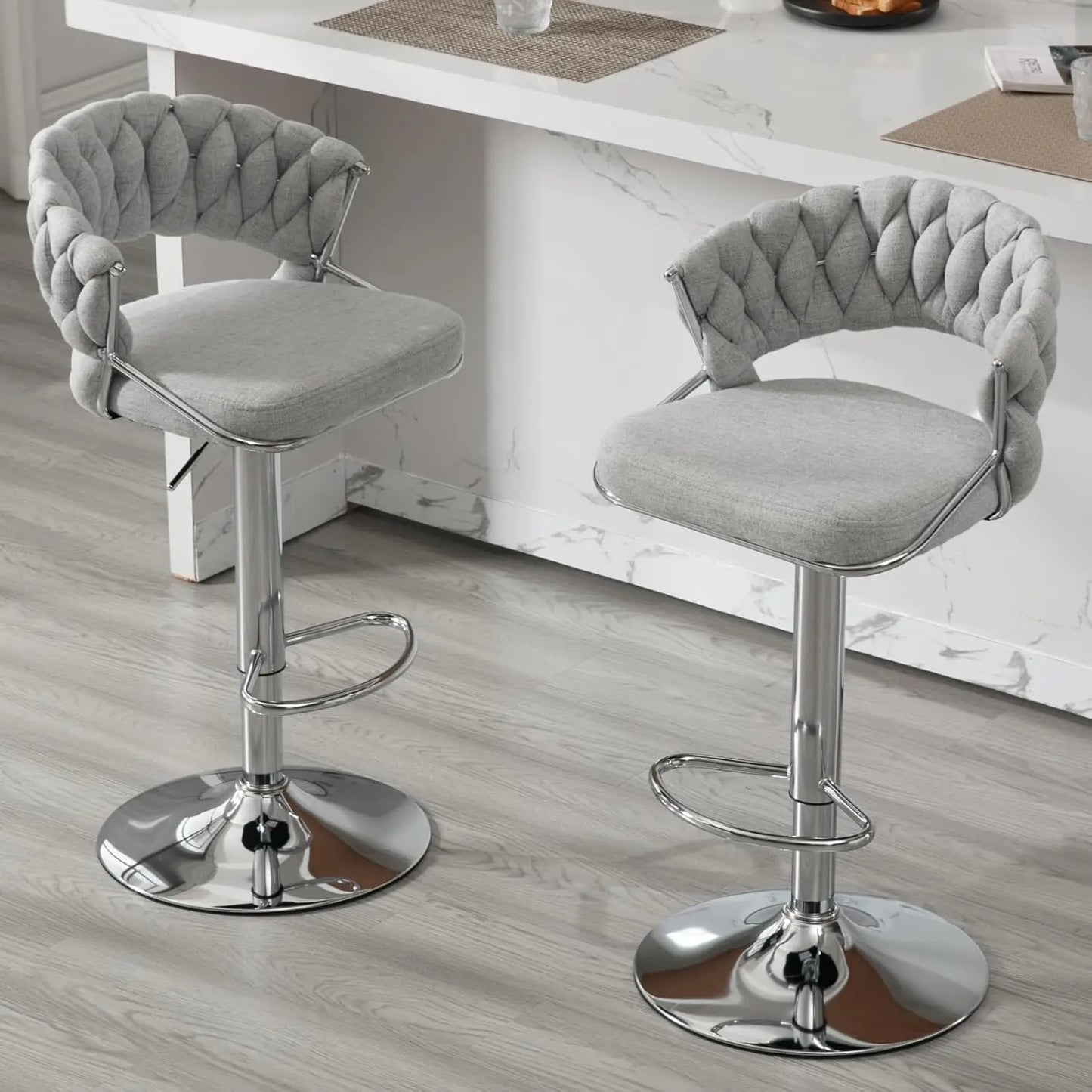 Woven Backrest Swivel Bar Stools Set Of 2 Height Adjustable