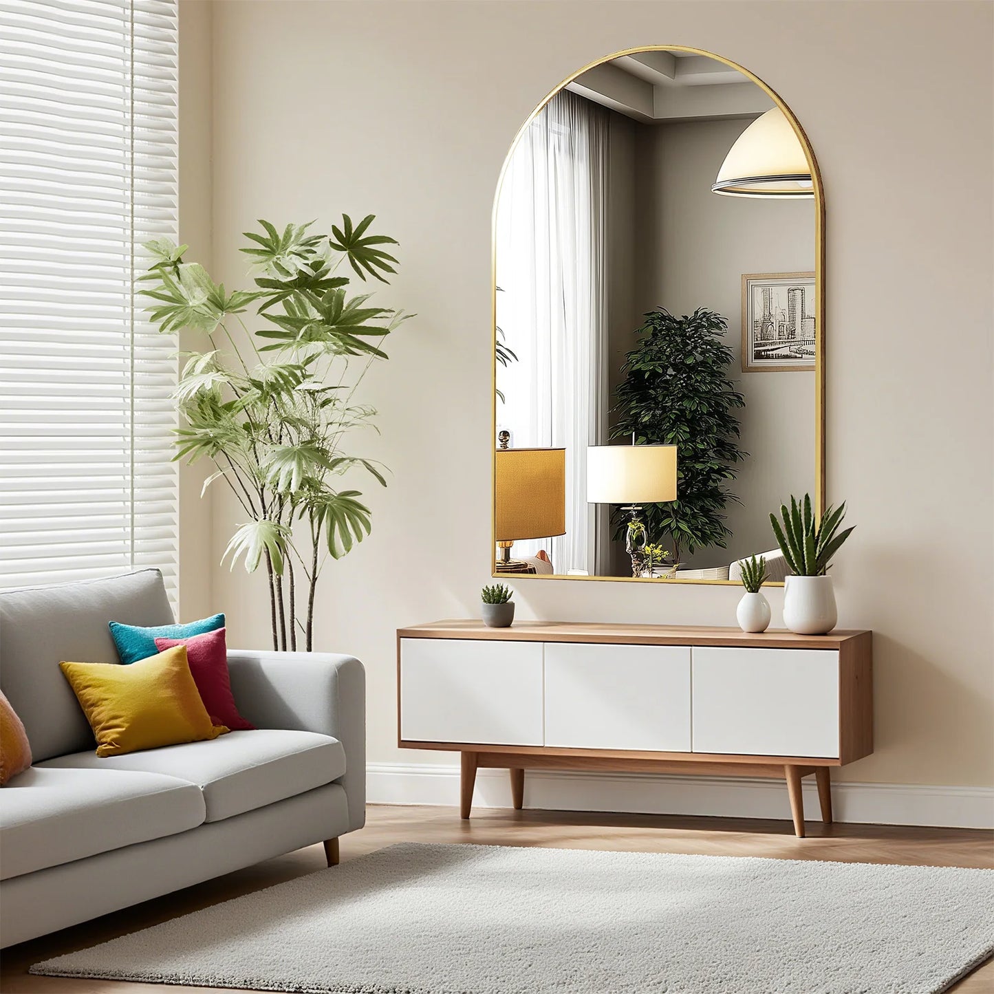 JHK Arched Metal Framed Wall Mirror For Bathroom Decor
