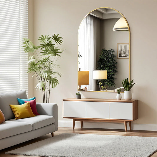 JHK Arched Metal Framed Wall Mirror For Bathroom Decor