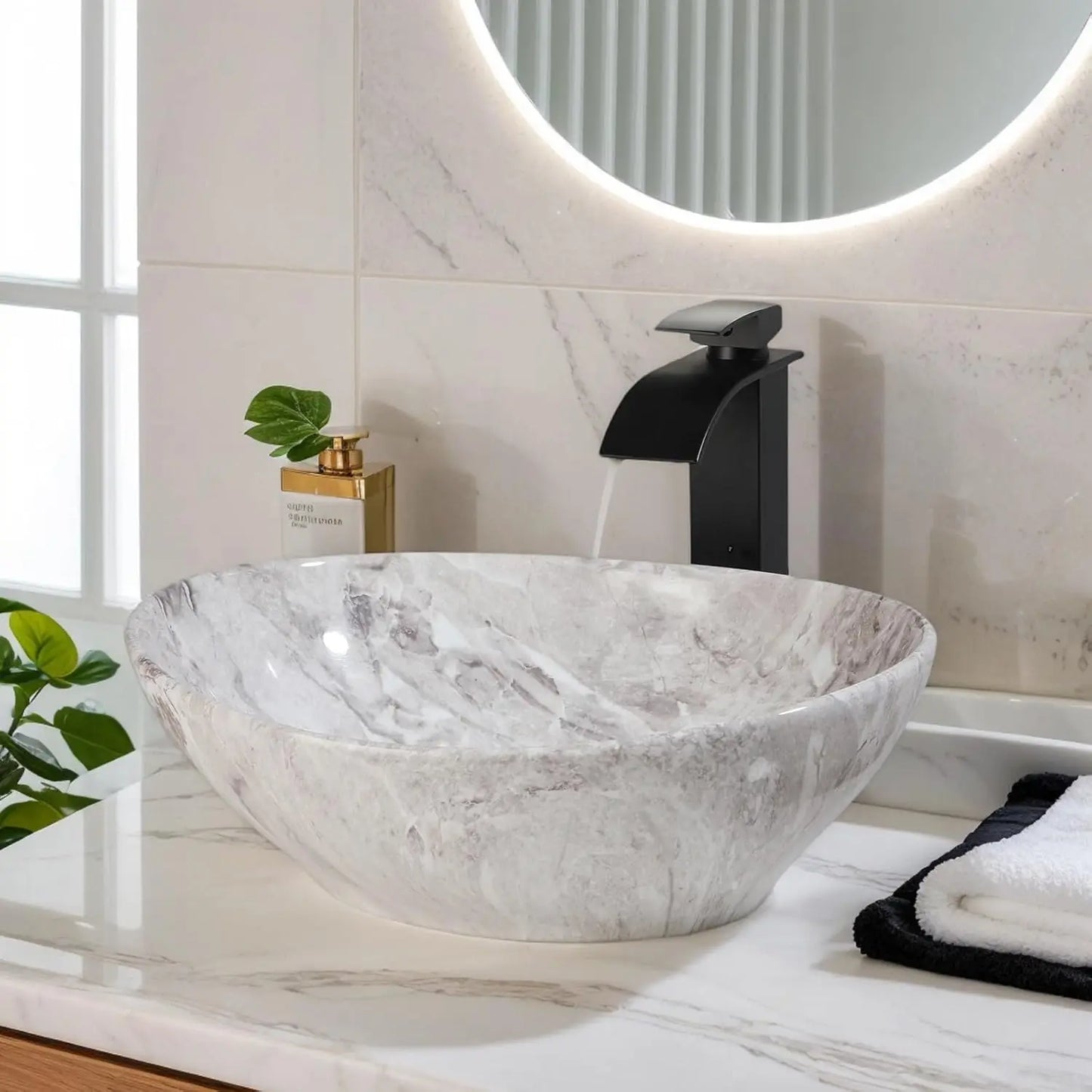 YANKSMART Ceramic Vessel Sink Oval Above Counter With Faucet Drain
