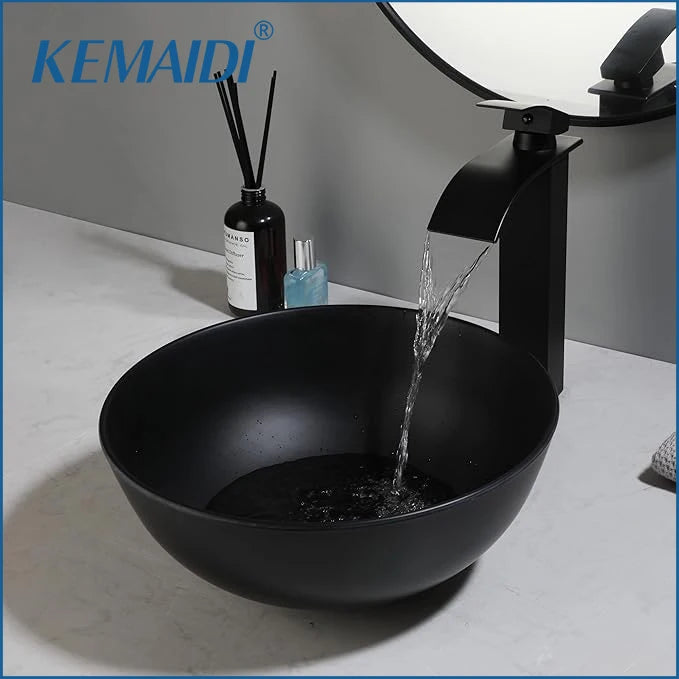 MEKKHALA Round Stone Resin Vessel Sink With Drain Combo Above Counter