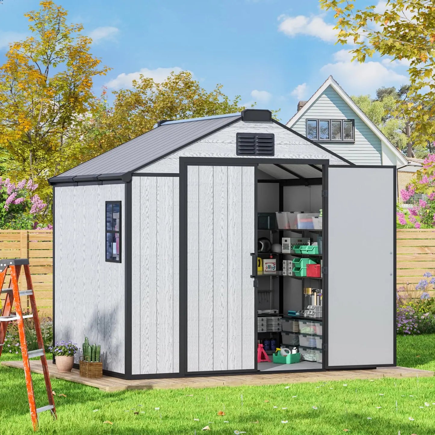 Resin Outdoor Storage Shed With Windows And Lockable Door Floor