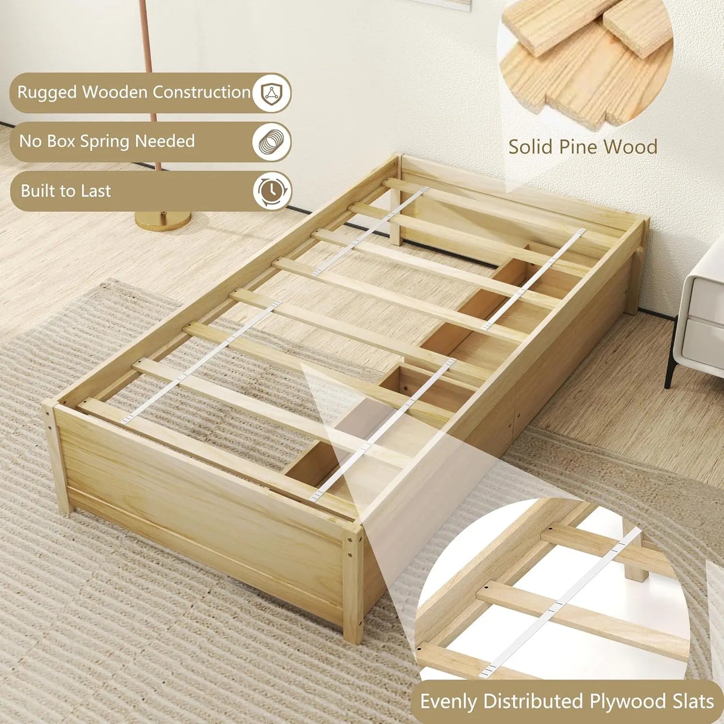 Folded Platform Bed Frame With 2 Storage Drawers, Solid Wood Slats